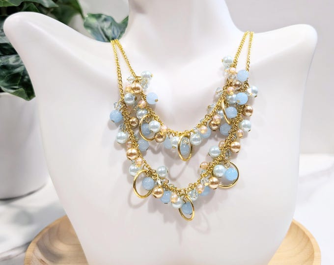 Sky Blue Quartz and Swarovski Crystal Necklace Gold Layered Chain Jewelry