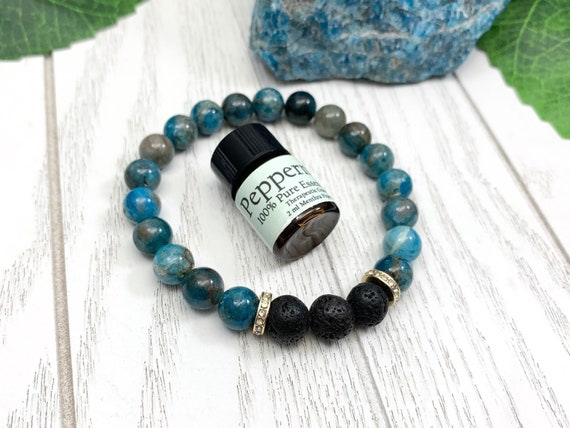 Apatite Lava Diffuser Bracelet for Stress Relief & Creativity — Blue Gemstone Aromatherapy Jewelry (8mm)