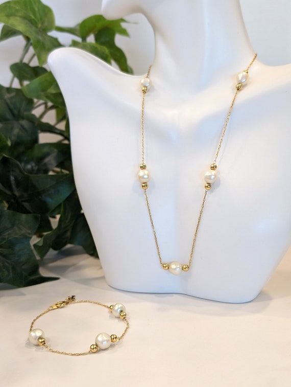 Vintage Crown Trifari Gold Faux Pearl Station Necklace + Bracelet Set - Signed Trifari Set