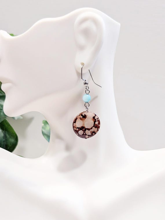 Brown Speckled Shell Earrings • Natural Dyed Seashell Earrings • Beach Jewelry