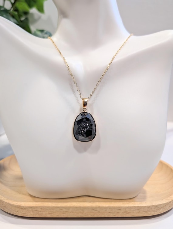 Black Druzy Agate Necklace • Gold Chain Crystal Pendant • Faceted Druzy Jewelry • Healing Stone Necklace • Minimalist Gift for Her
