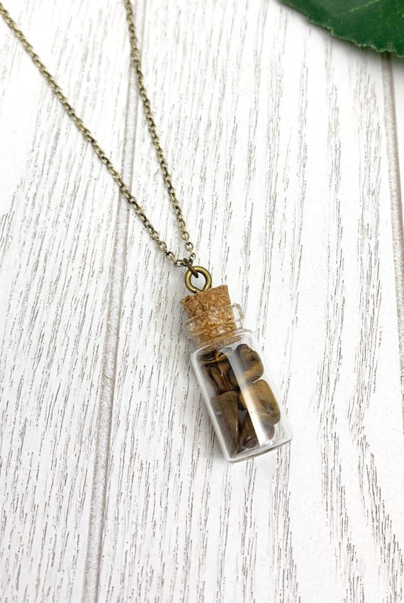 Tiger's Eye Bottle Necklace • Dainty Tiger's Eye Pendant Necklace • Minimalist Crystal Boho Jewelry • Necklace for Confidence and Strength