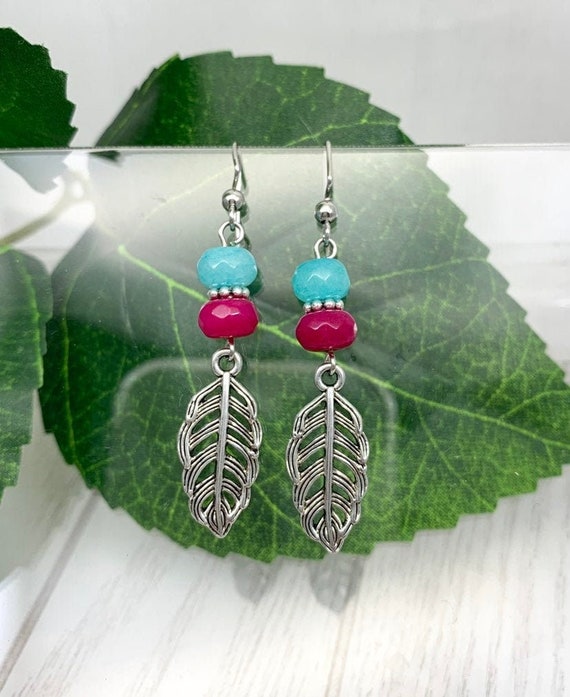 Blue and Pink Jade Earrings • Silver Feather Earrings • Gemstone Boho Earrings • Jade Jewelry
