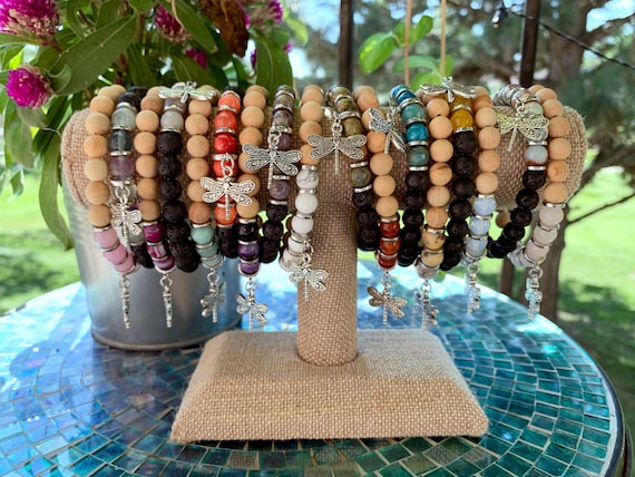 Gemstone and Lava Stone Dragonfly Bracelet – Grief and Emotional Balance