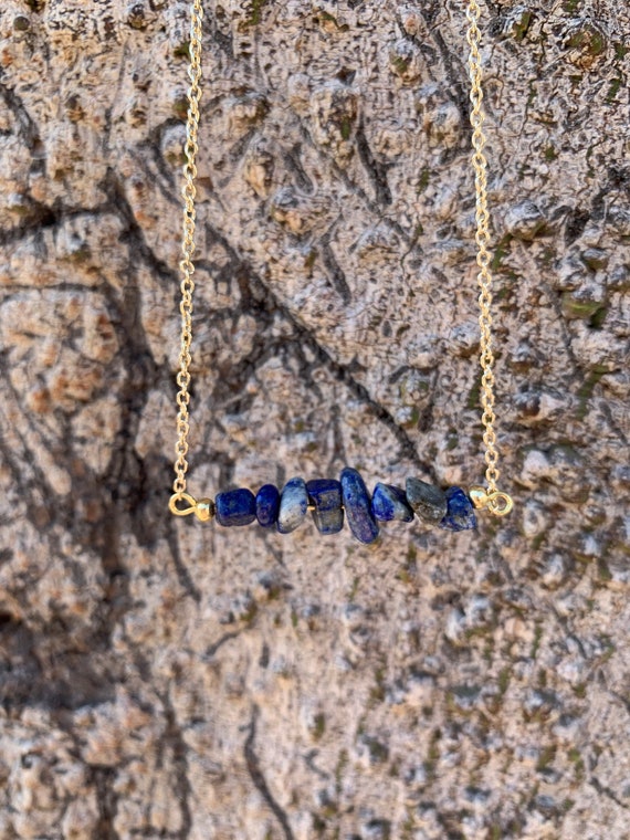 Dainty Gold Lapis Chip Necklace — Minimalist Lapis Lazuli Bar Pendant