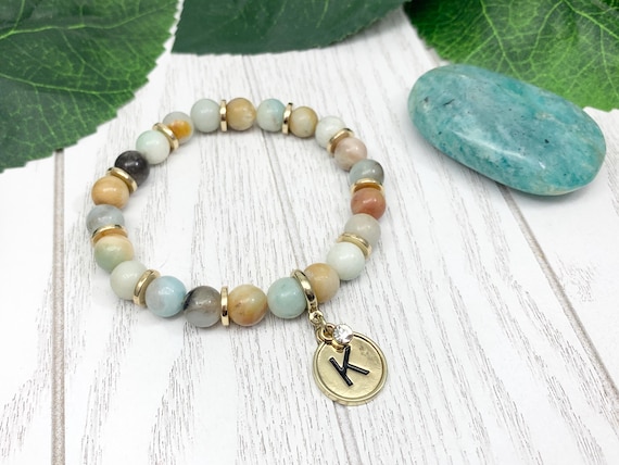 Personalized Amazonite Initial Bracelet — Custom Monogram Jewelry