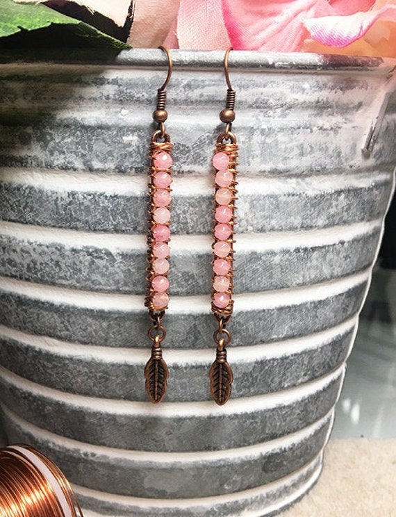 Pink Agate Wire-Wrapped Boho Feather Earrings