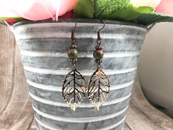 Green Unakite Gold Leaf Earrings • Grounding Gemstone Boho Earrings for Balance and Recovery • Unakite Jewelry