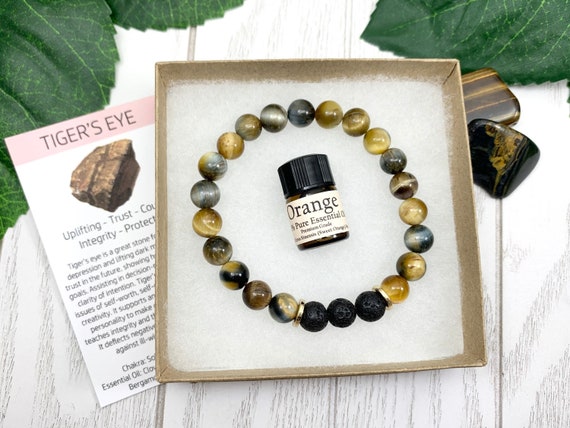 Dream Tiger's Eye Lava Diffuser Bracelet for Courage & Confidence — Gold Gemstone Aromatherapy Jewelry (8mm)