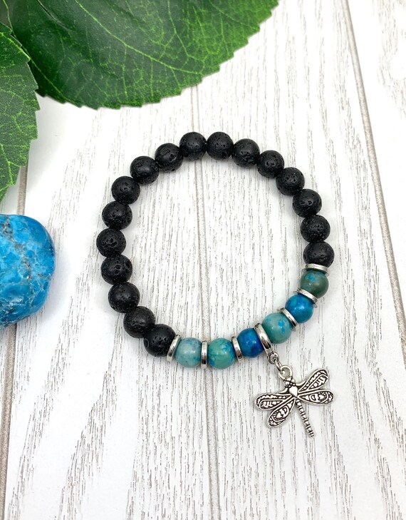 Blue Ripple Jasper Dragonfly Bracelet - Grief Loss Jewelry, Confidence & Hope Charm
