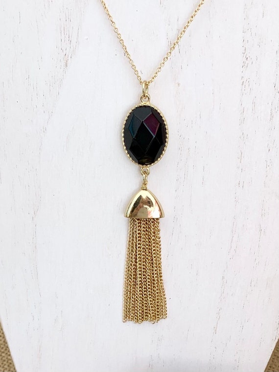 Black Onyx Necklace with Gold Chain Tassel • Onyx Pendant Necklace • Onyx Jewelry