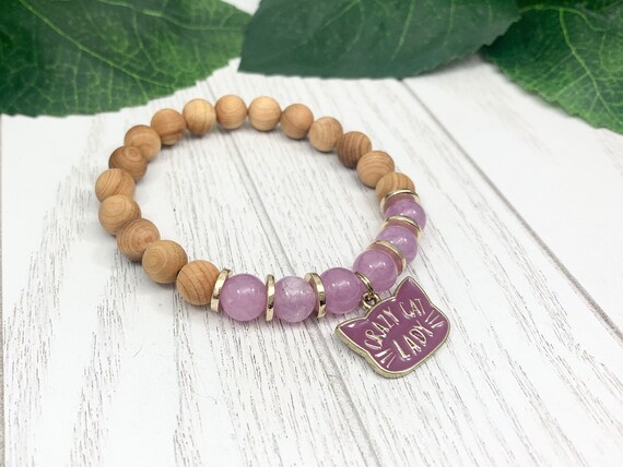 Crazy Cat Lady Charm Bracelet with Lavender Quartz and Sandalwood • Cat Lover Gift • Cat Jewelry