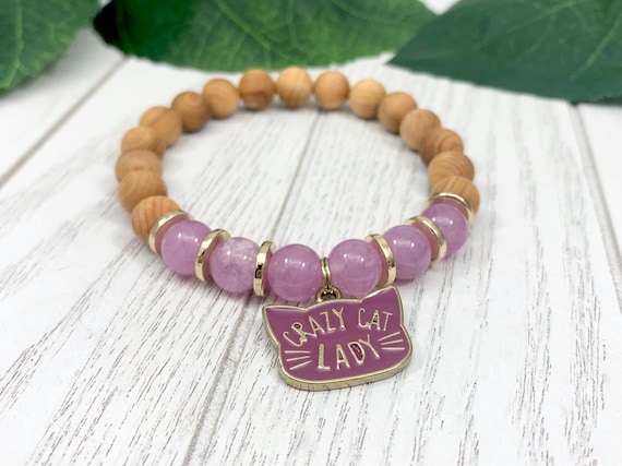 Crazy Cat Lady Charm Bracelet with Lavender Quartz and Sandalwood • Cat Lover Gift • Cat Jewelry