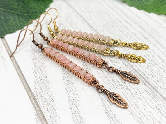 Pink Agate Wire-Wrapped Boho Earrings – Feather Charm