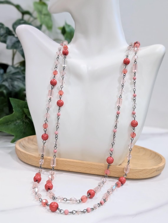 Handmade Vintage Pink Coral Glass Beaded Necklace - Layered Gunmetal Chain Jewelry