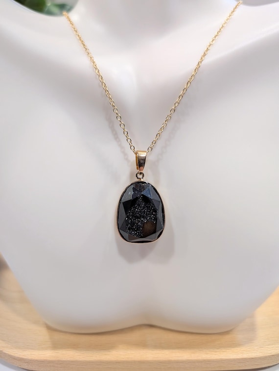 Elegant Black Druzy Agate Necklace with Gold Chain • Minimalist Druzy Crystal Agate Jewelry