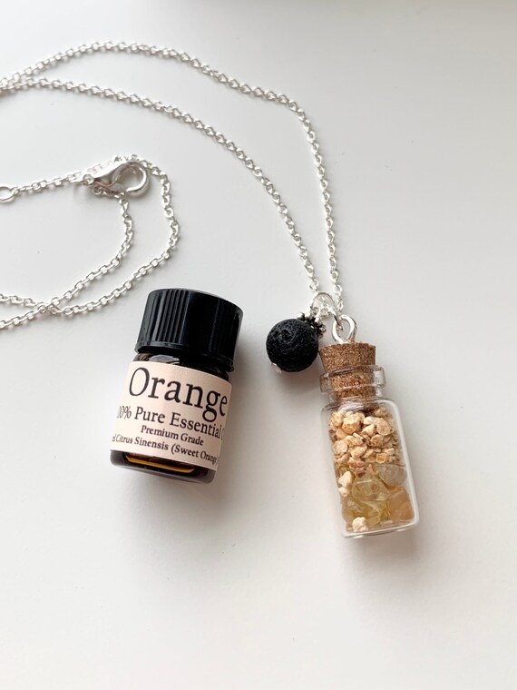 Citrine and Orange Herb Bottle Necklace • Aromatherapy Essential Oil Pendant • Crystal Necklace