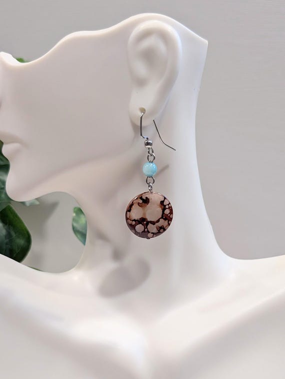 Brown Speckled Shell Earrings • Natural Dyed Seashell Earrings • Beach Jewelry