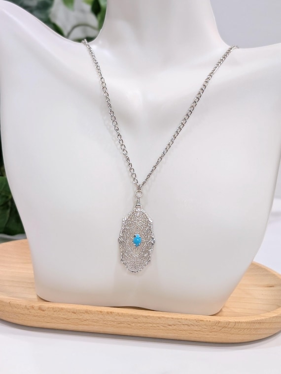 Vintage Silver Filigree Pendant Necklace - Ornate Turquoise Cabochon Boho Jewelry