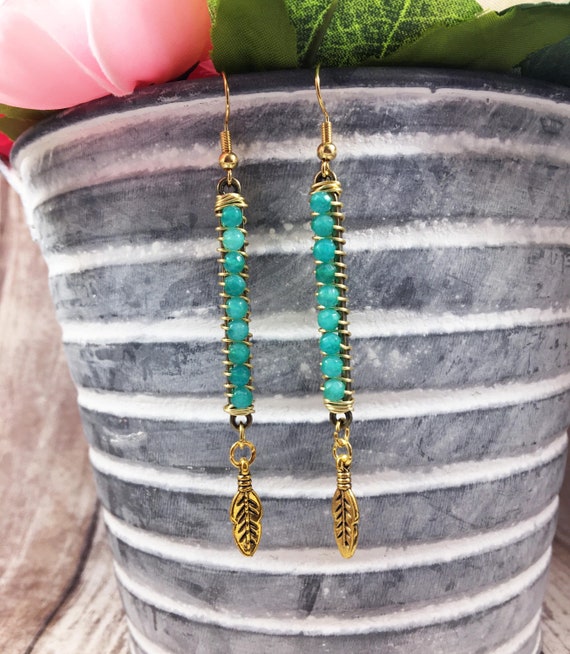 Green Agate Crystal Boho Wire Wrapped Earrings • Custom Agate Jewelry • Native Gemstone Earrings • Healing Crystal Jewelry