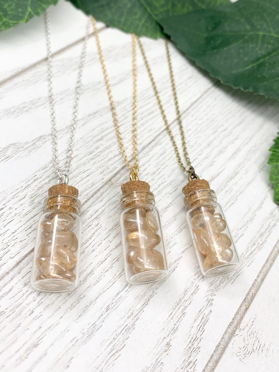 Tangerine Aura Quartz Bottle Necklace • Dainty Quartz Pendant Necklace • Minimalist Crystal Necklace for Confidence and Creativity