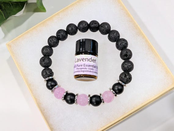 Black Onyx and Purple Lavender Quartz Oil Diffuser Bracelet, Lava Stone Diffuser, Aromatherapy Jewelry (8mm)