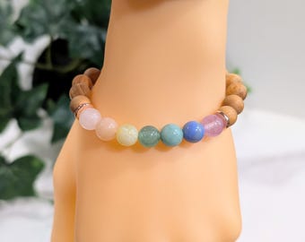 Handmade Rainbow Gemstone Sandalwood Bracelet with Amethyst & Rose Quartz