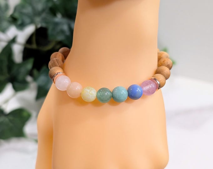 Rainbow Sandalwood Gemstone Bracelet - 8mm Amethyst, Rose Quartz, Amazonite, Aventurine, Marine Agate