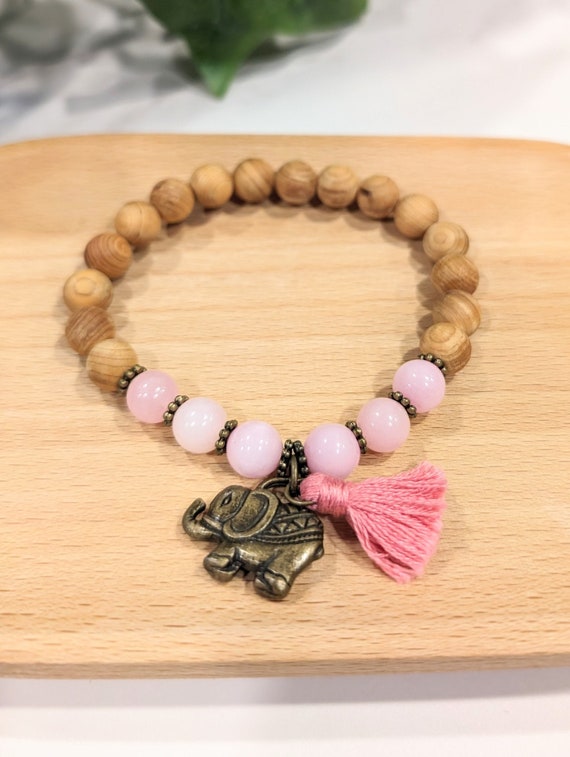 Pink Rhodonite Boho Elephant Bracelet with Tassel • Elastic Gemstone Charm Bracelet • Boho Chic Jewelry