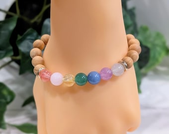 Handmade Rainbow Quartz Beaded Bracelet with Hematite & Sandalwood