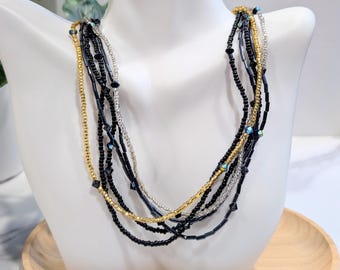 Black & Gold Seed Bead Layered Necklace, Magnetic Statement Jewelry Gift