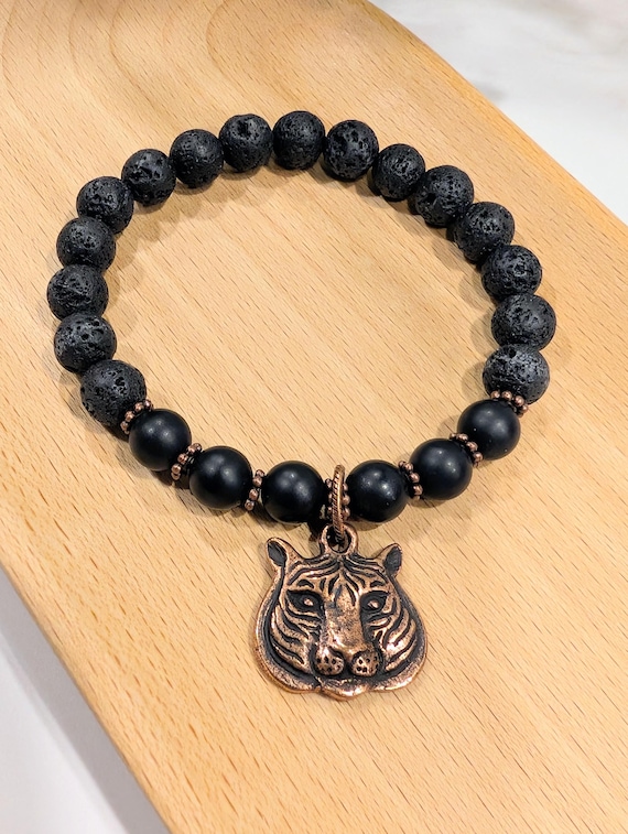 Black Lava Stone & Onyx Tiger Bracelet, Mens Copper Bracelet with Tiger Charm, Boho Gothic Jewelry