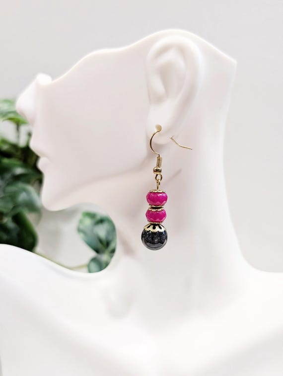Pink Green Jade Gold Earrings