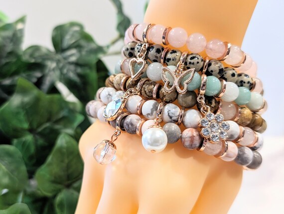 Handmade Gemstone Charm Bracelet in Rose Gold – Rose Quartz, Amazonite, Howlite, Dalmatian Jasper, Pink Zebra Jasper, Picture Jasper