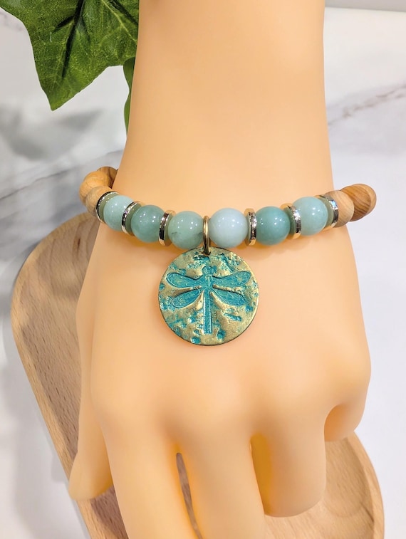 Sandalwood & Amazonite Dragonfly Bracelet, Gold Charm Bracelet, Bohemian Bug Jewelry