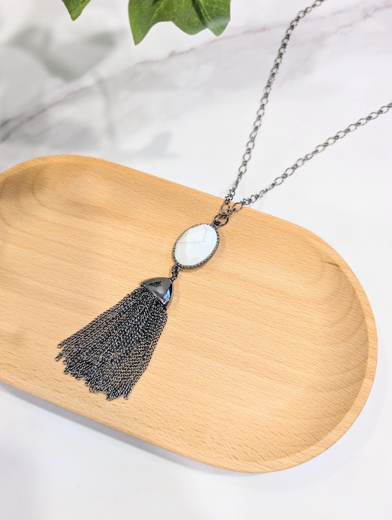 Long White Howlite Necklace with Gunmetal Chain Tassel • Howlite Pendant Necklace for Tranquility, Peace and Clarity • Howlite Jewelry