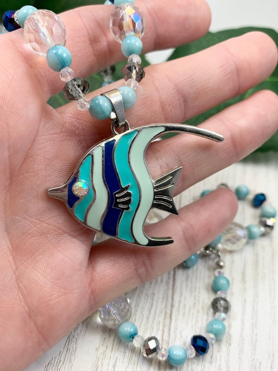 Angelfish Pendant Necklace • Beaded Shell Necklace • Blue Beach Jewelry • Tropical Fish Necklace