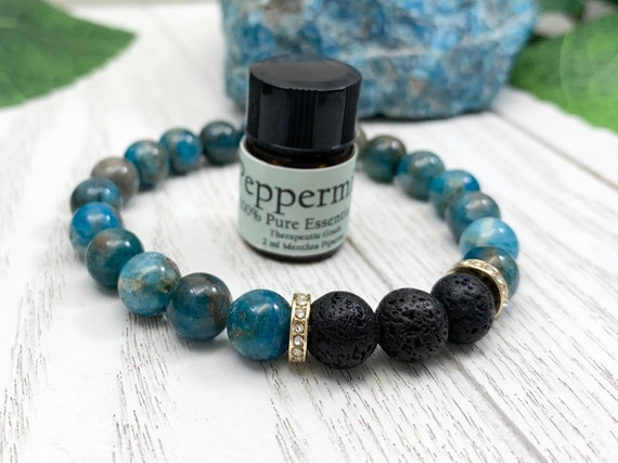 Blue Apatite Oil Diffuser Bracelet, Lava Stone Diffuser, Aromatherapy Jewelry (8mm)