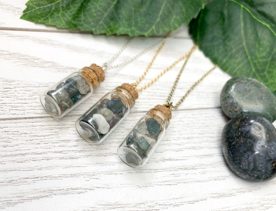 Green Moss Agate Necklace - Gemstone Bottle Necklace