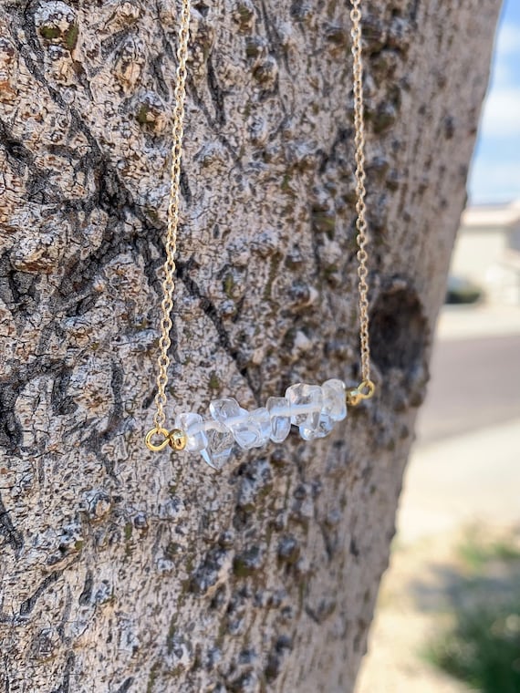 Dainty Gold Clear Crystal Quartz Chip Necklace • Clear Quartz Crystal Necklace • Minimalist Quartz Jewelry
