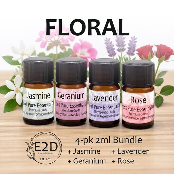 Floral Essential Oil Bundle – Set of 4 2ml Bottles for Aromatherapy or Diffuser