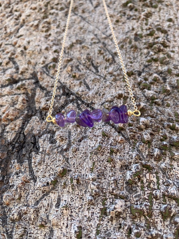 Dainty Gold Amethyst Chip Necklace - Minimalist Purple Crystal 18in