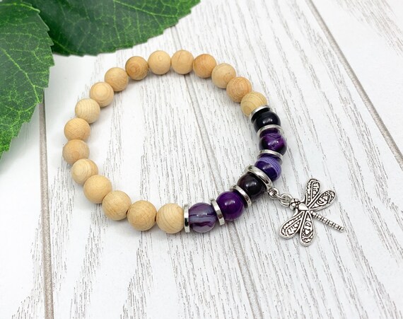 Purple Agate Dragonfly Bracelet - Grief Balance Renewal 8mm