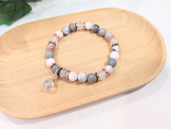 Pink Zebra Jasper Charm Bracelet — Rose Gold & Crystal Beaded Jewelry