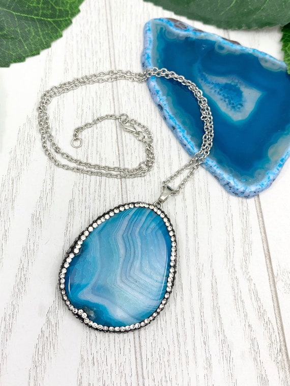 Sparkly Blue Agate Pendant Necklace – Teardrop Agate Jewelry with Rhinestone Accents