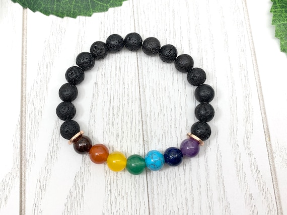 Rainbow Gemstone Bracelet - Lava Stone 8mm Amethyst, Lapis, Turquoise, Aventurine, Agate, Carnelian, Garnet