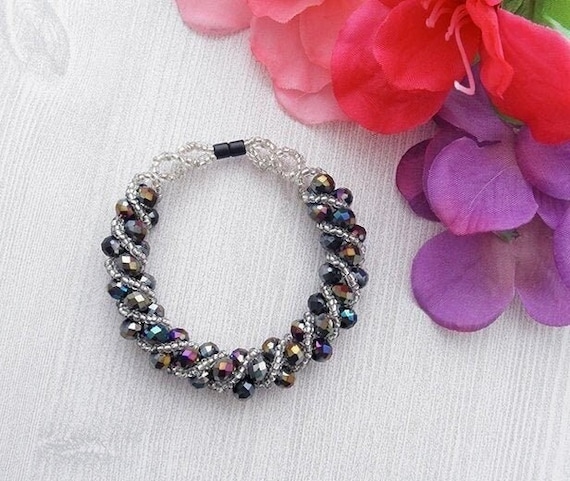 Handmade Rainbow Aura Silver Crystal Beaded Bracelet - Spiral Glass Beads, Seed Beads, Magnetic Clasp