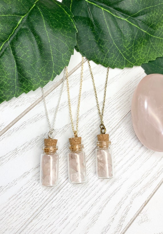 Rose Quartz Bottle Necklace • Dainty Quartz Pendant Necklace • Minimalist Crystal Boho Jewelry • Necklace for Love, Beauty and Confidence