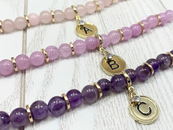 Personalized Gemstone Initial Bracelet - Custom Monogram Jewelry - Amethyst, Rose Quartz, Amazonite, Howlite, Jasper, Lavender Quartz