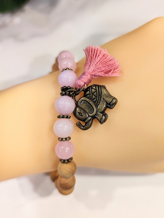 Pink Rose Quartz & Sandalwood Elephant Charm Bracelet, Handmade Bohemian Beaded Bracelet, Rose Quartz Jewelry